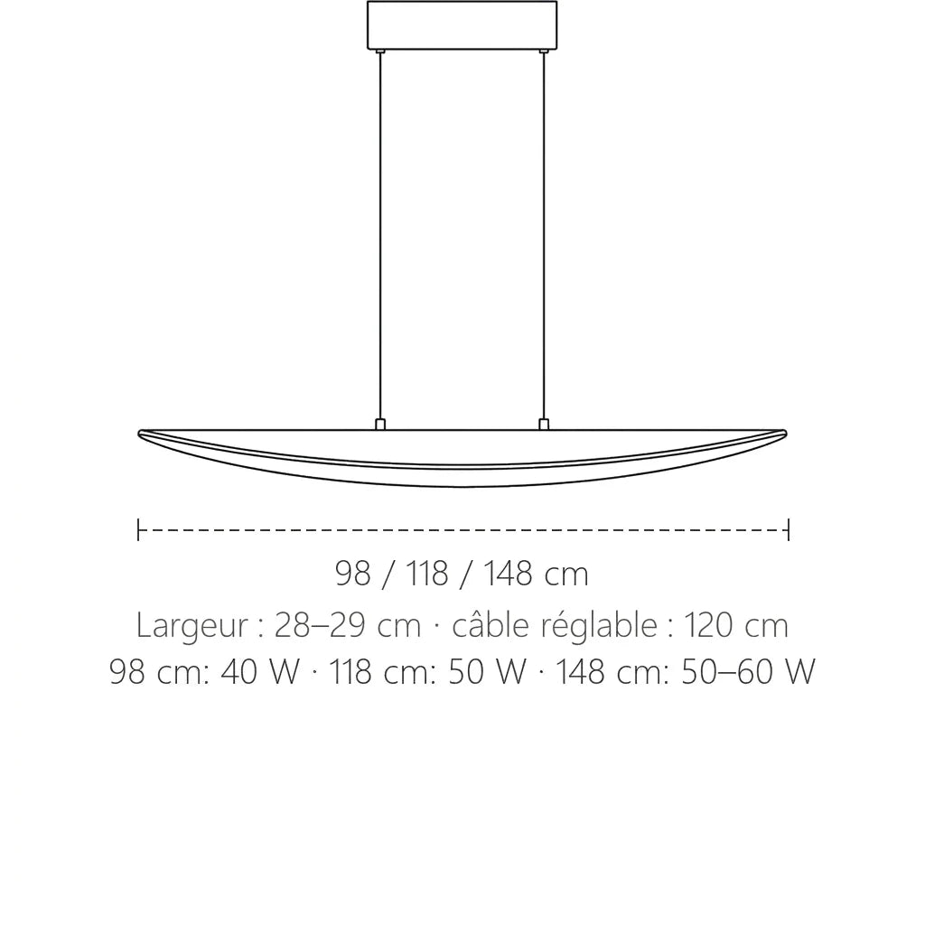 Dimensions de la suspension LED feuille : 98, 118 ou 148 cm de long, 28 à 29 cm de large