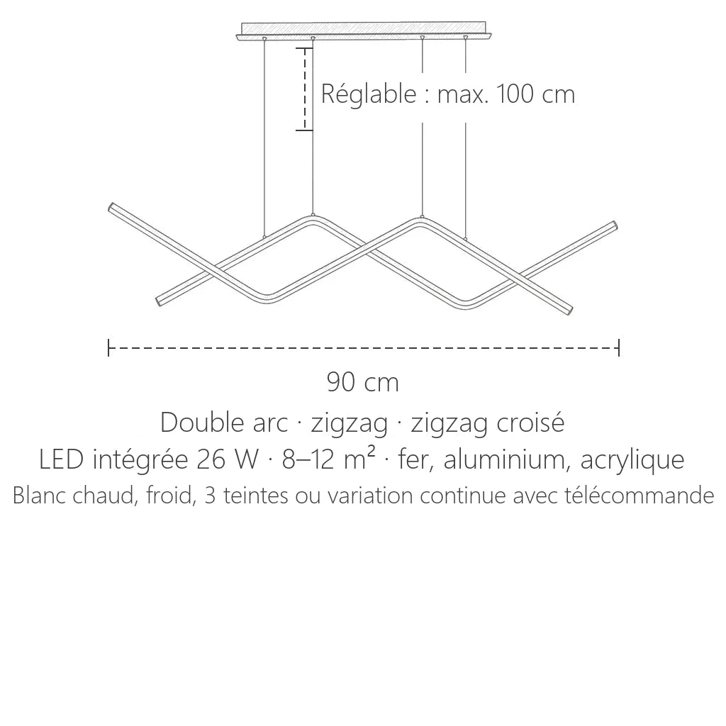 Dimensions de la suspension LED linéaire zigzag ou double arc : 90 cm