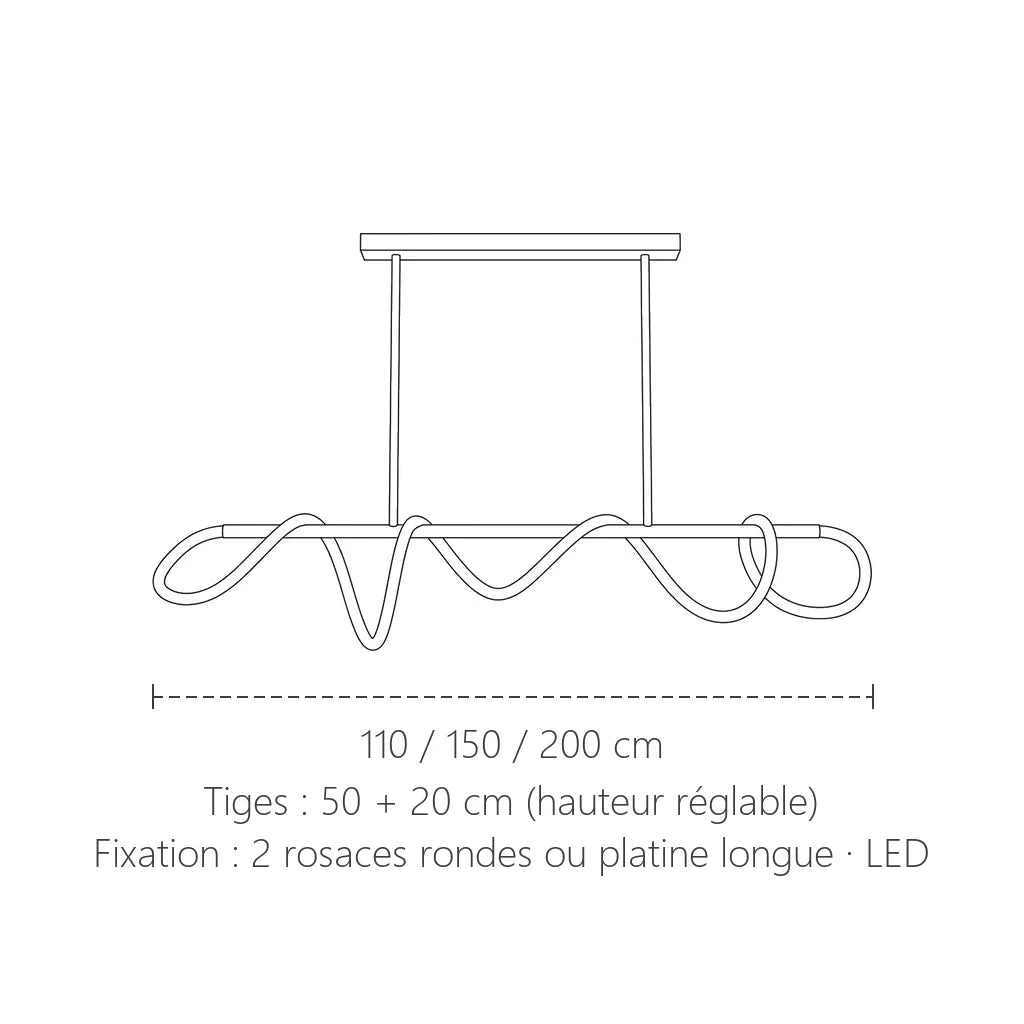 Dimensions de la suspension LED ondulée : 110, 150 ou 200 cm