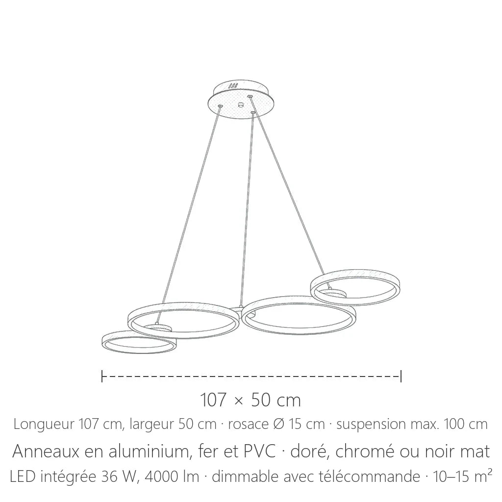 Dimensions de la suspension LED à quatre anneaux : 107 × 50 cm
