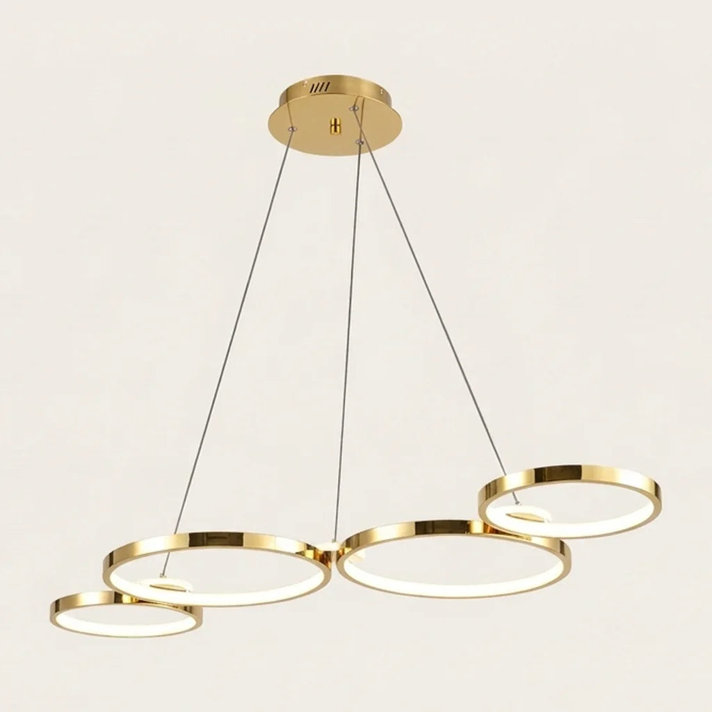 Suspension LED à quatre anneaux dorée, 107 cm