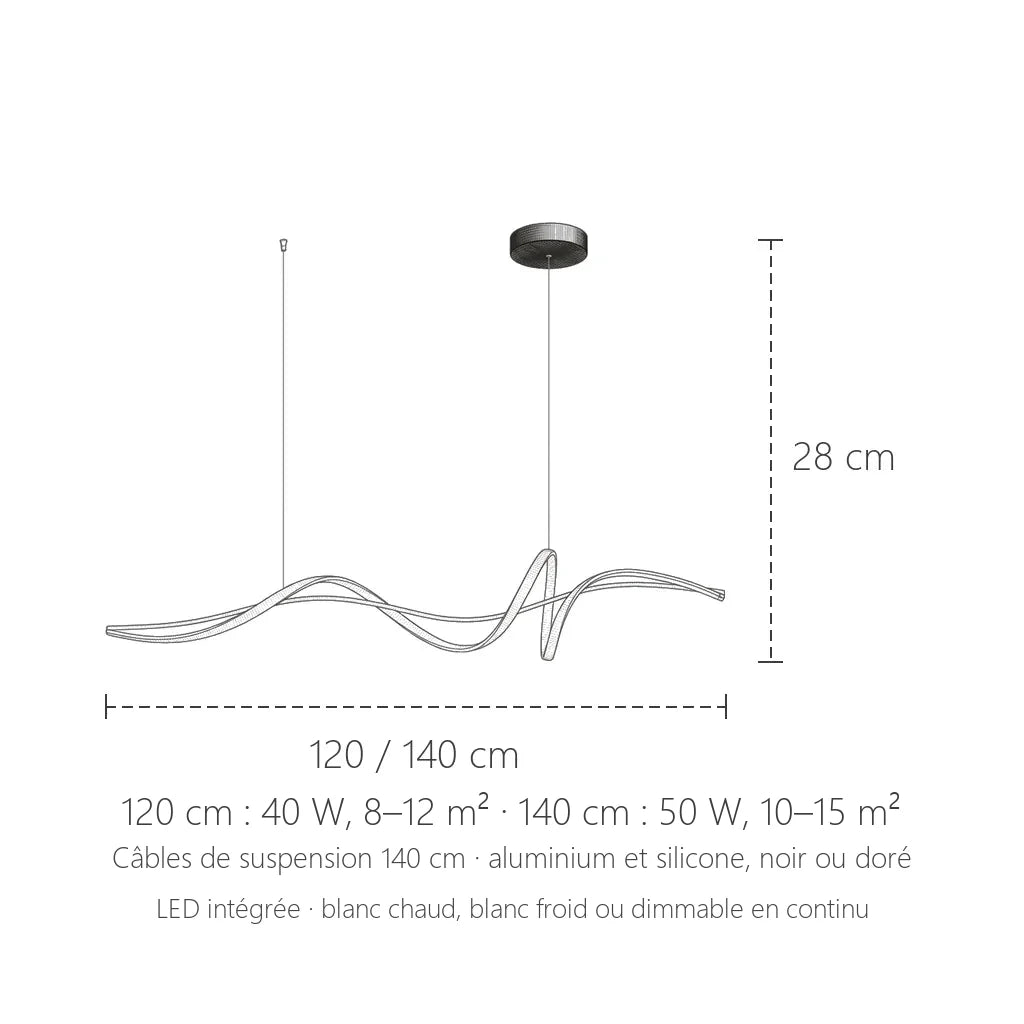 Dimensions de la suspension LED ruban ondulé : 120 ou 140 cm, hauteur 28 cm