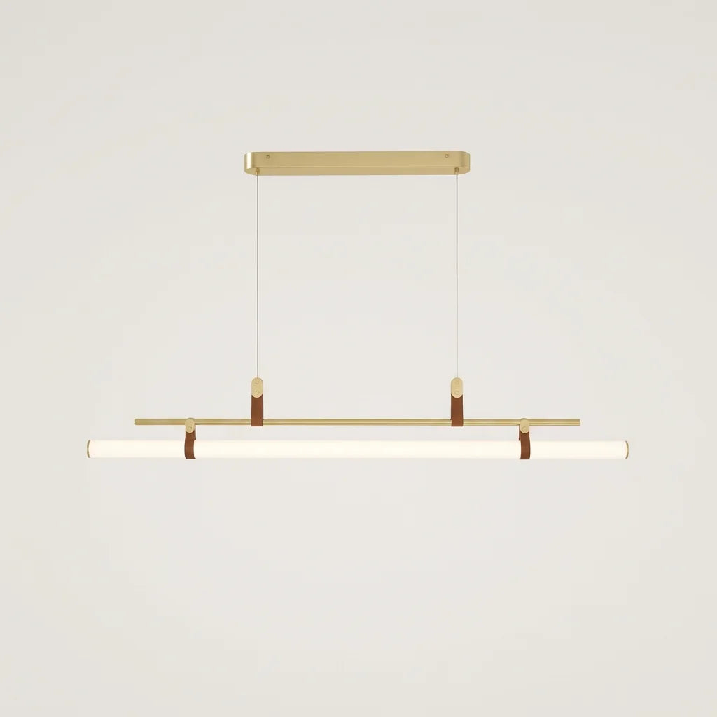 Suspension tube LED dorée à sangles en cuir brun
