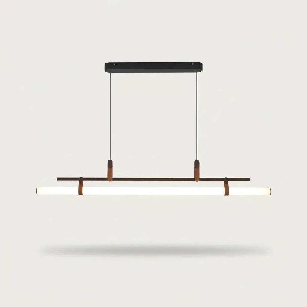 Suspension tube LED noire à sangles en cuir brun