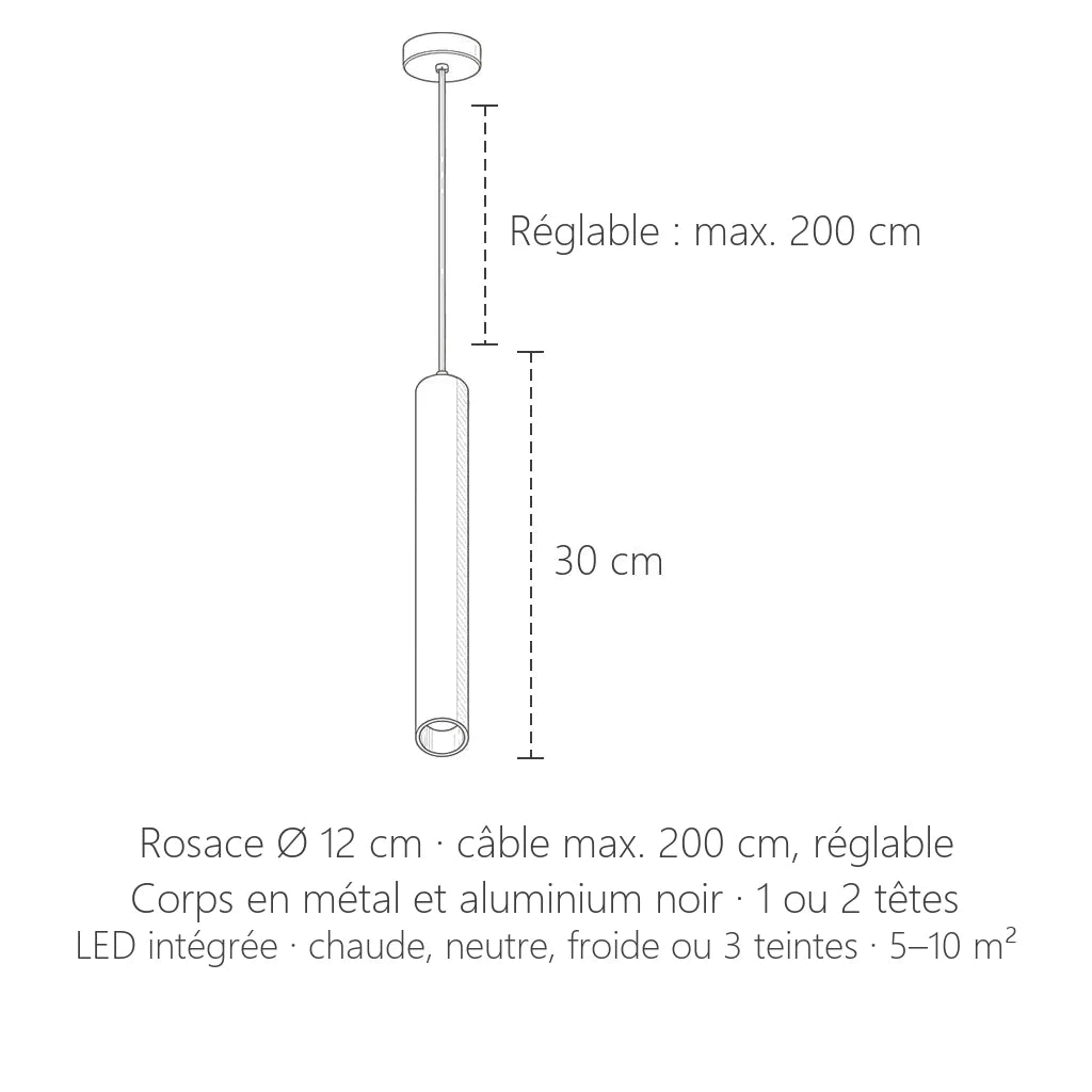 Dimensions de la suspension LED tube noir : 30 cm, câble max. 200 cm