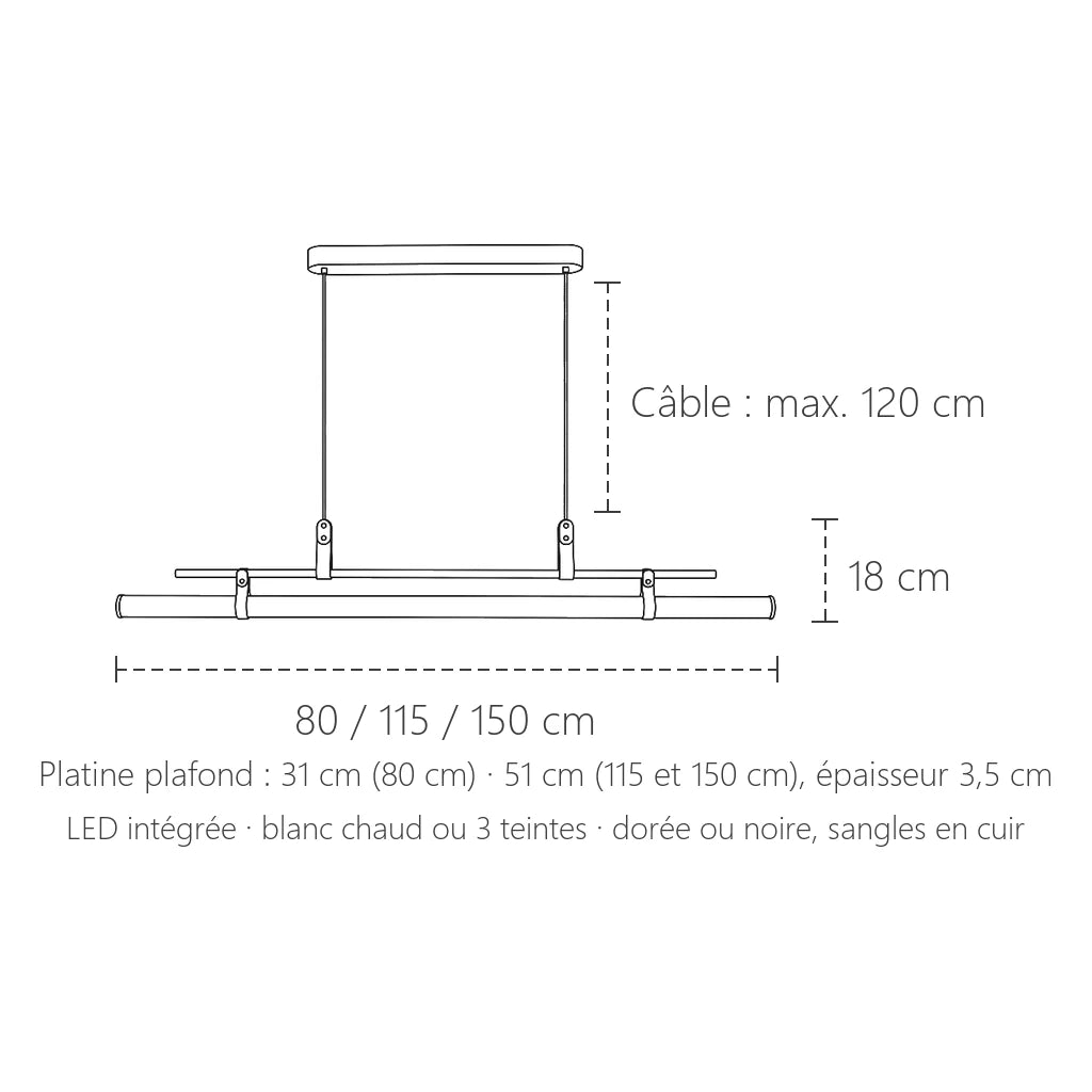 Dimensions de la suspension LED tube à sangles en cuir : 80, 115 ou 150 cm de long, 18 cm de haut, câble 120 cm max.