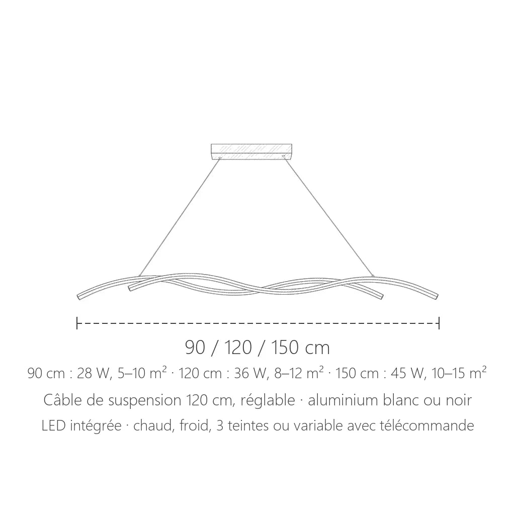 Dimensions de la suspension LED vague : 90, 120 ou 150 cm