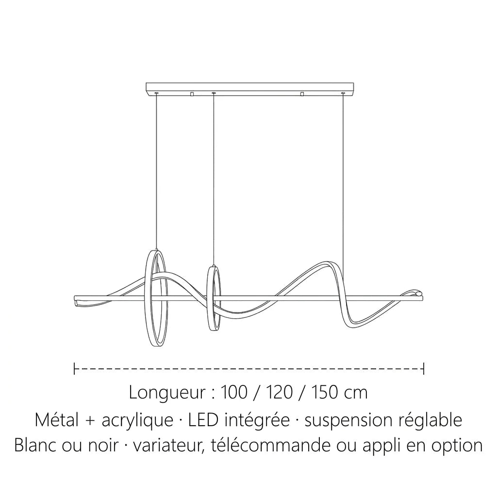 Dimensions de la suspension LED vague et anneaux : 100, 120 ou 150 cm de long