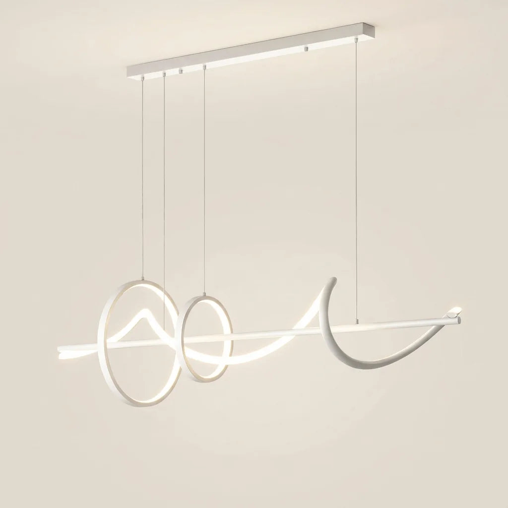 Suspension LED blanche en vague avec deux anneaux, allumée
