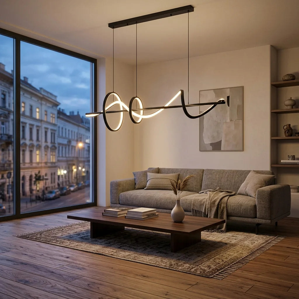 Suspension LED noire en vague au-dessus d’un canapé dans un salon moderne