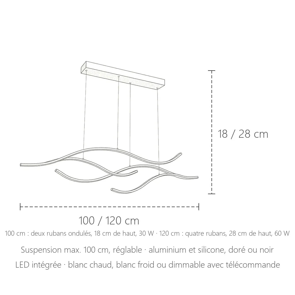Dimensions de la suspension LED vagues : 100 ou 120 cm de long, 18 ou 28 cm de haut