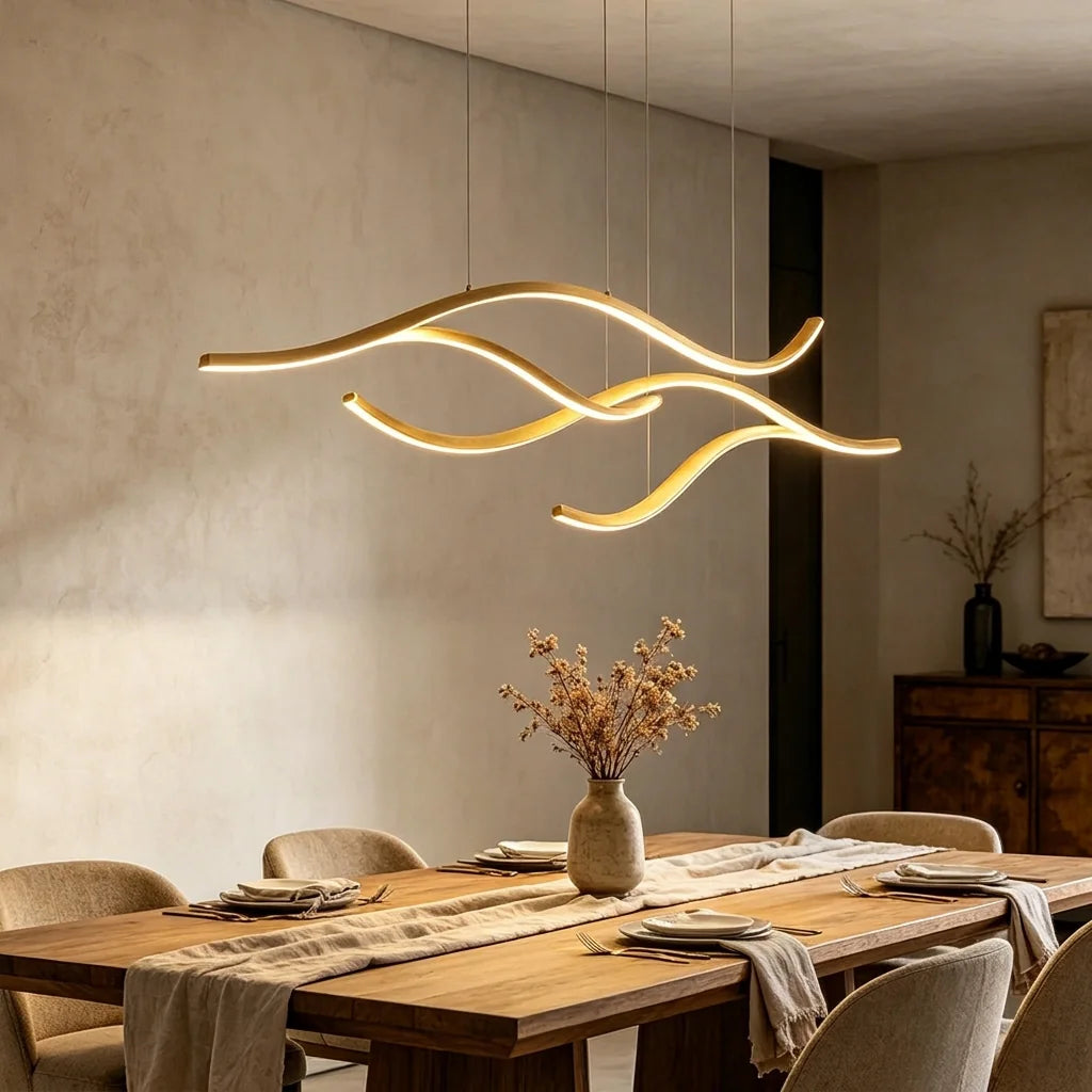 Suspension vagues dorée au-dessus d’une table de ferme en bois