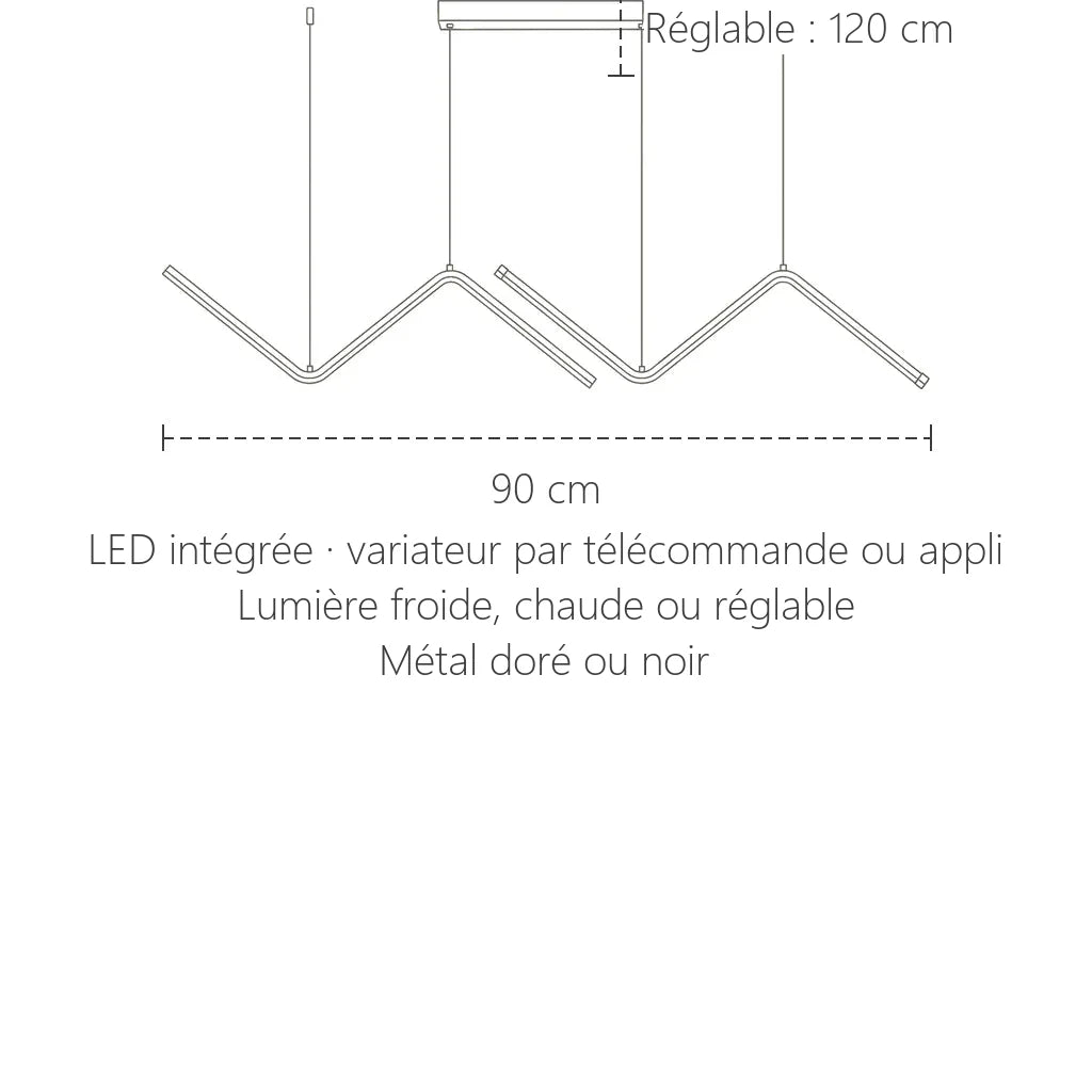 Dimensions de la suspension LED zigzag : 90 cm de long, câble réglable 120 cm