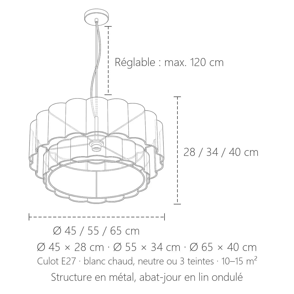 Dimensions de la suspension en lin ondulé : Ø 45, 55 ou 65 cm