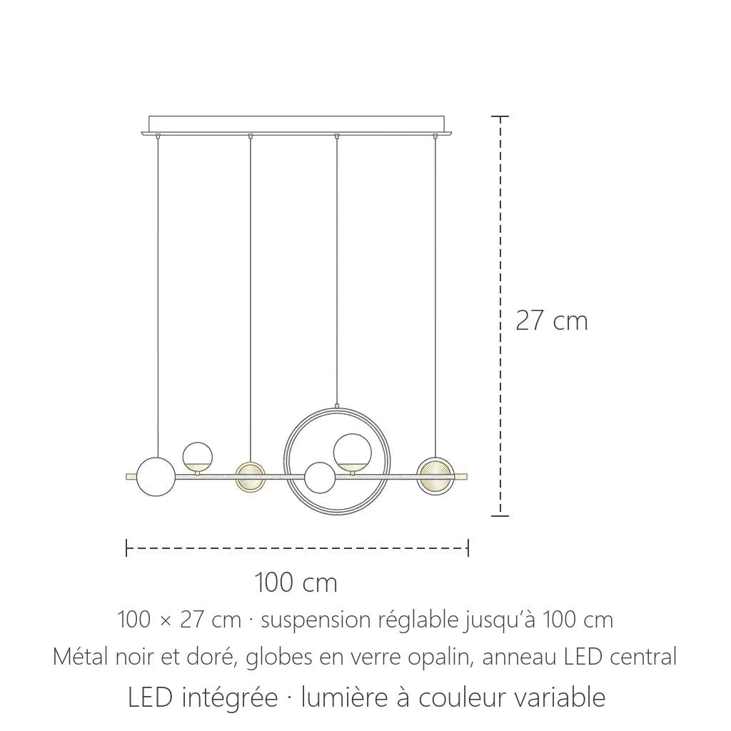 Dimensions de la suspension linéaire à globes et anneau LED : 100 × 27 cm