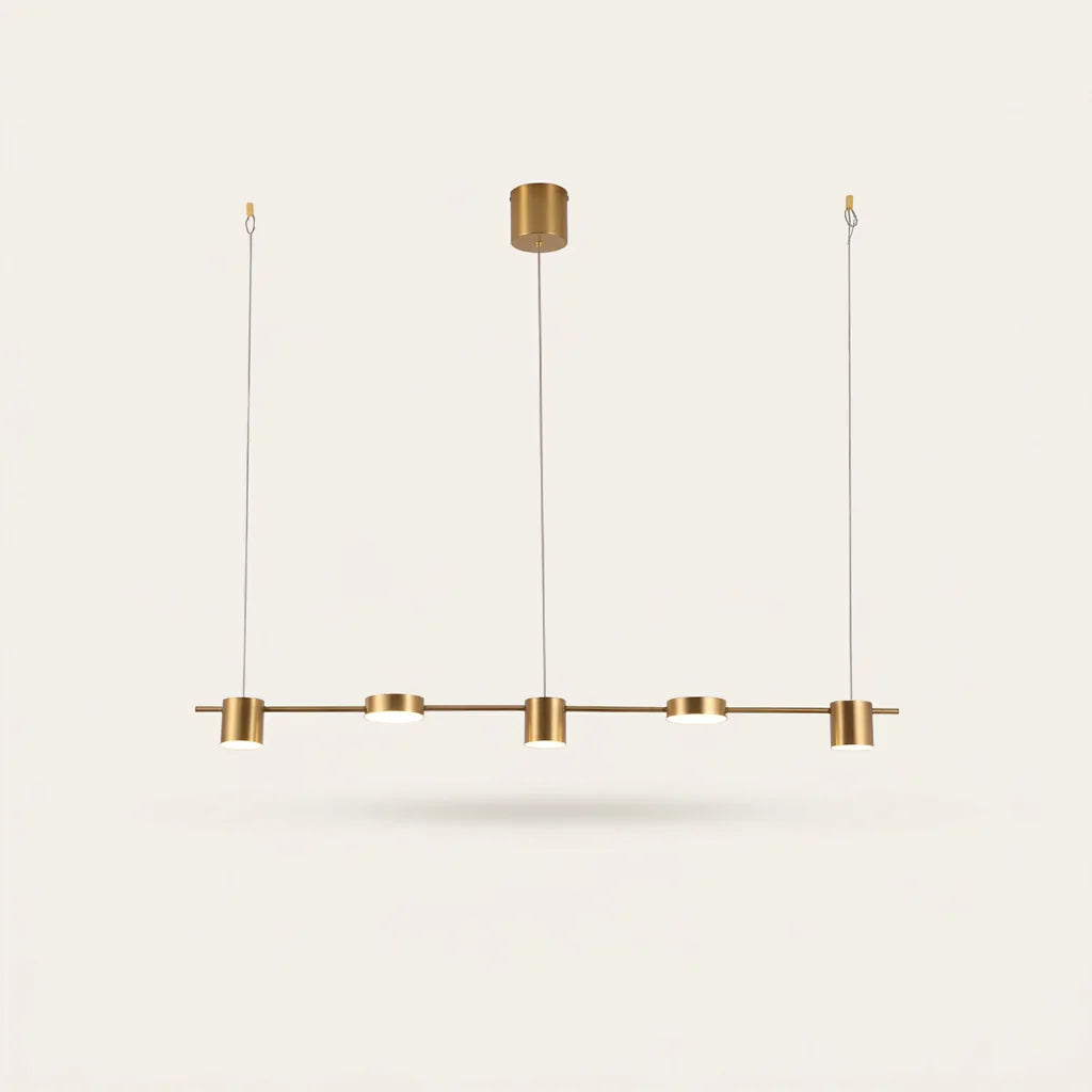 Suspension linéaire LED dorée à 5 têtes cylindriques