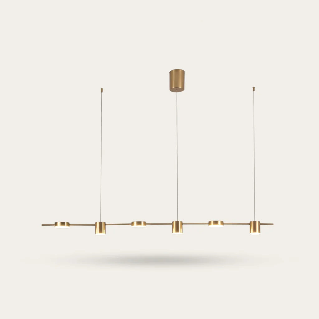 Suspension linéaire LED dorée à 6 têtes cylindriques