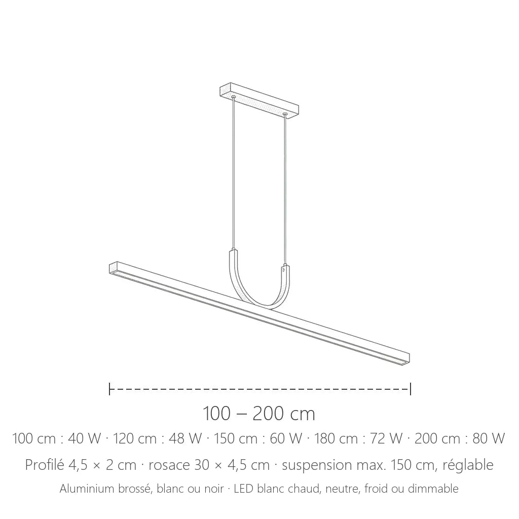 Dimensions de la suspension linéaire LED à boucle en U : 100 à 200 cm