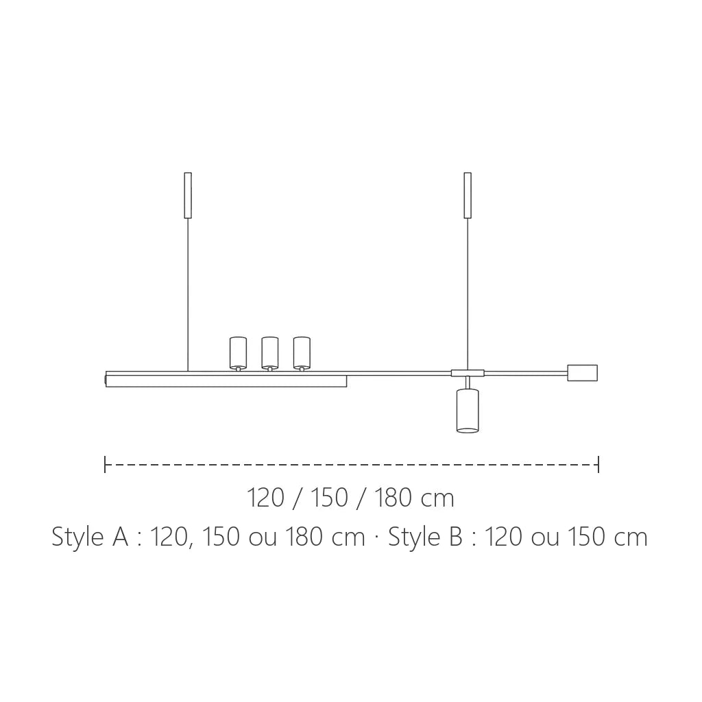 Dimensions de la suspension linéaire LED : 120, 150 ou 180 cm