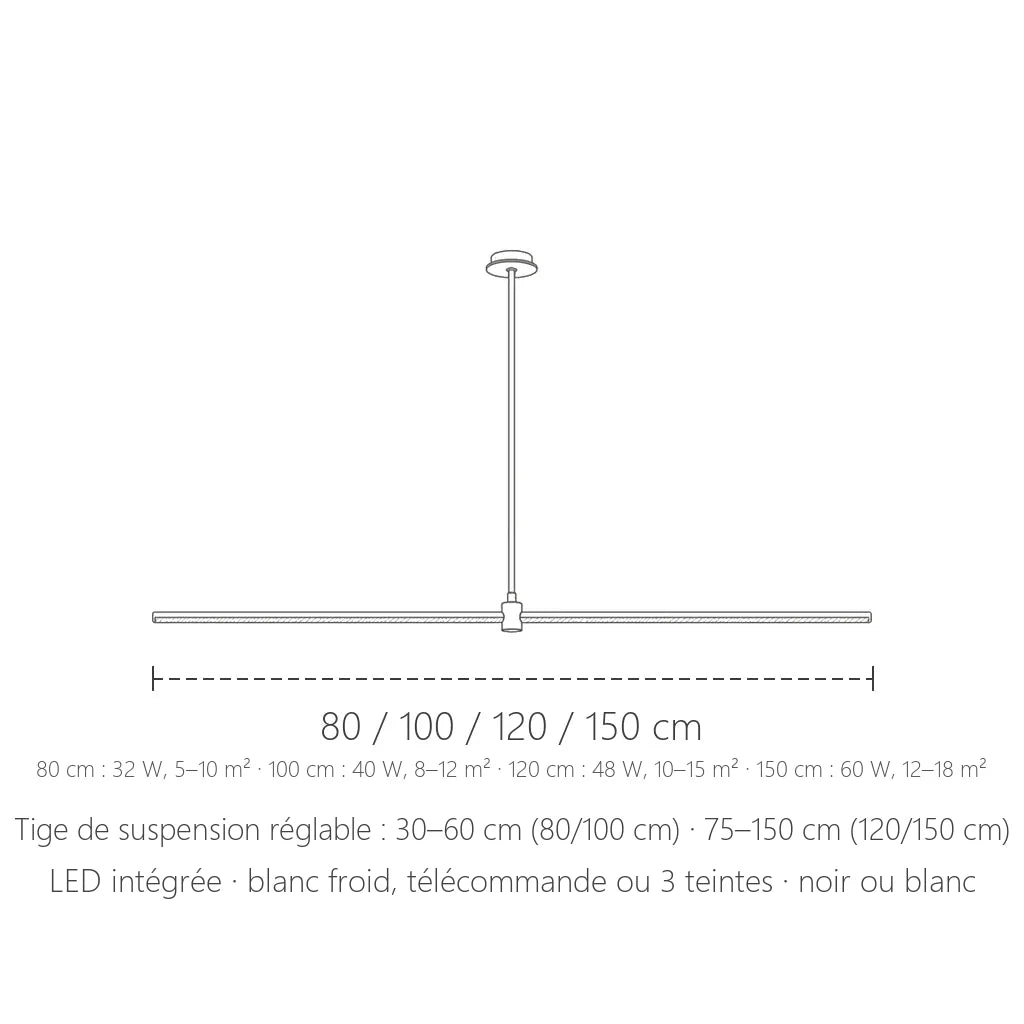 Dimensions de la suspension linéaire LED en T : 80, 100, 120 ou 150 cm