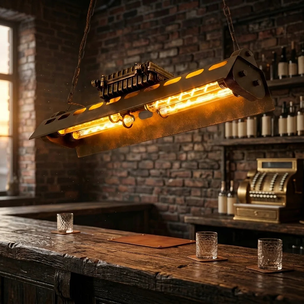 Suspension loft au-dessus d’un comptoir en bois rustique