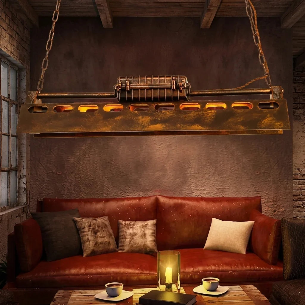 Suspension loft au-dessus d’un canapé en cuir rouge