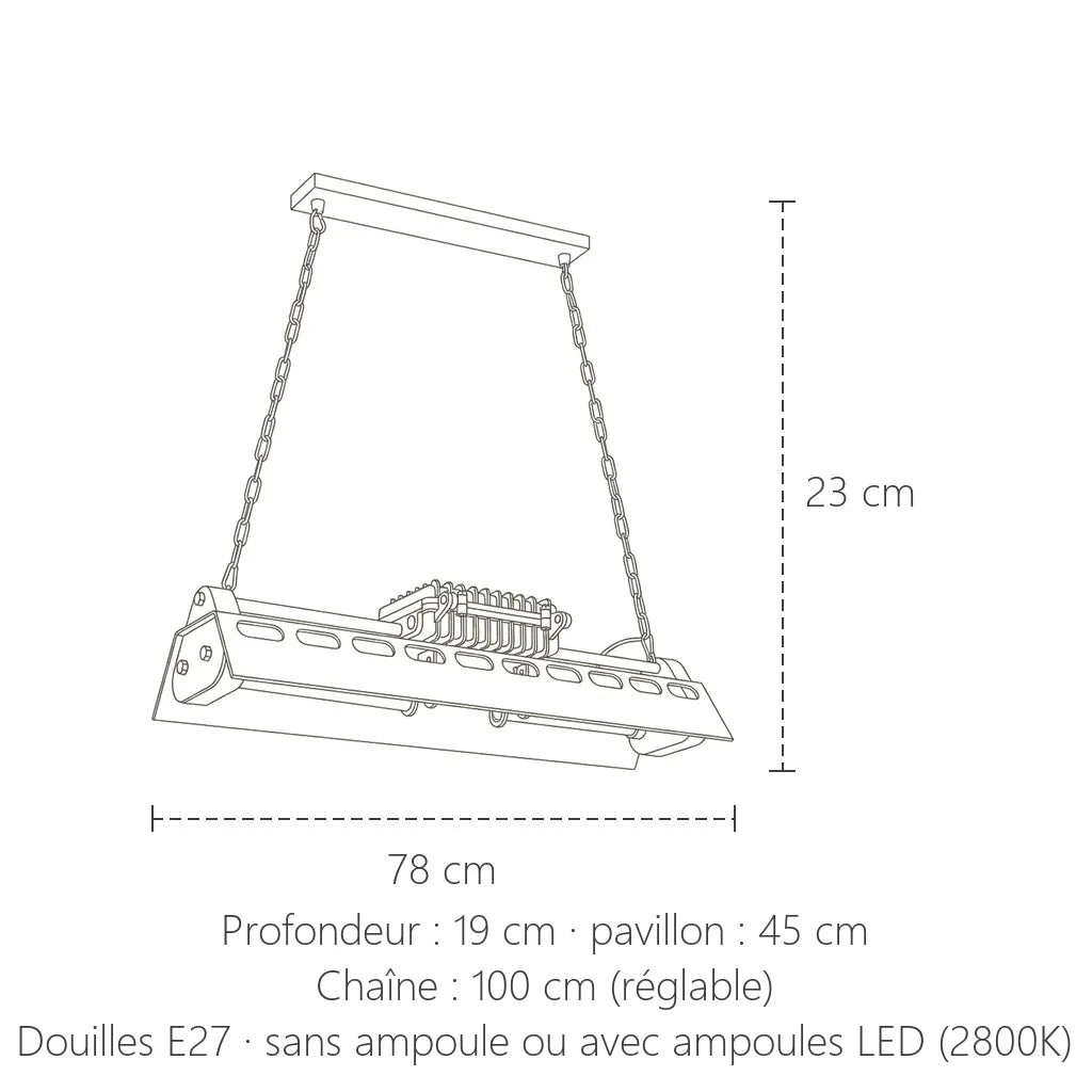 Dimensions de la suspension loft en métal patiné : 78 cm, hauteur 23 cm