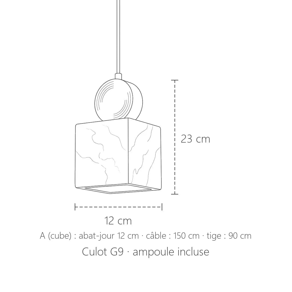 Dimensions de la suspension cube : 12 cm, 23 cm de haut