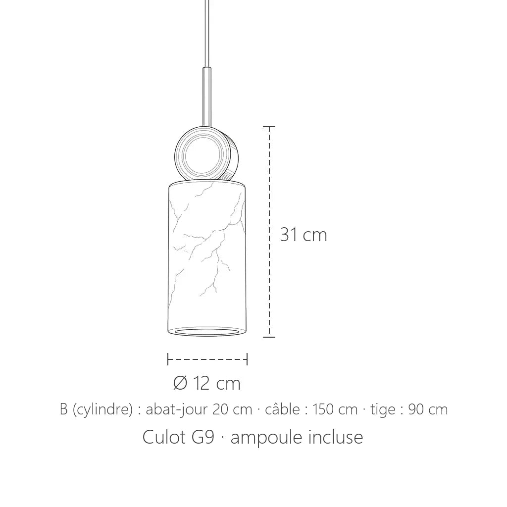 Dimensions de la suspension cylindre : Ø 12 cm, 31 cm de haut