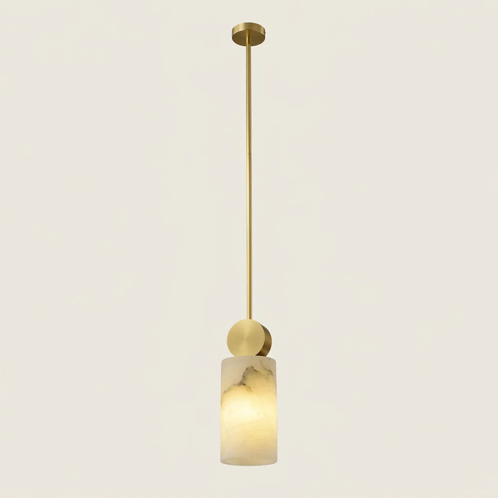 Suspension cylindre effet marbre sur longue tige en laiton
