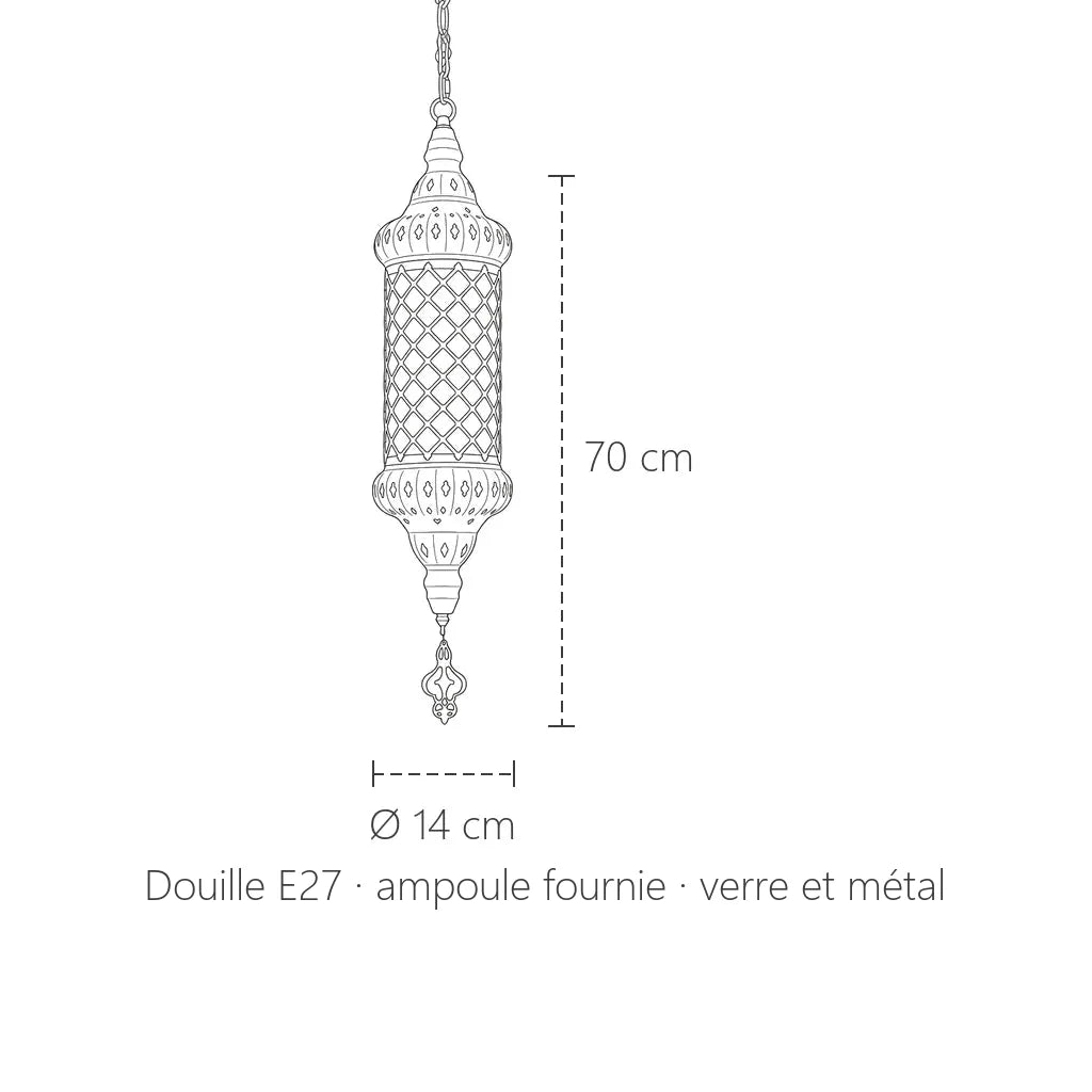 Dimensions de la suspension marocaine en verre coloré : Ø 14 cm, hauteur 70 cm