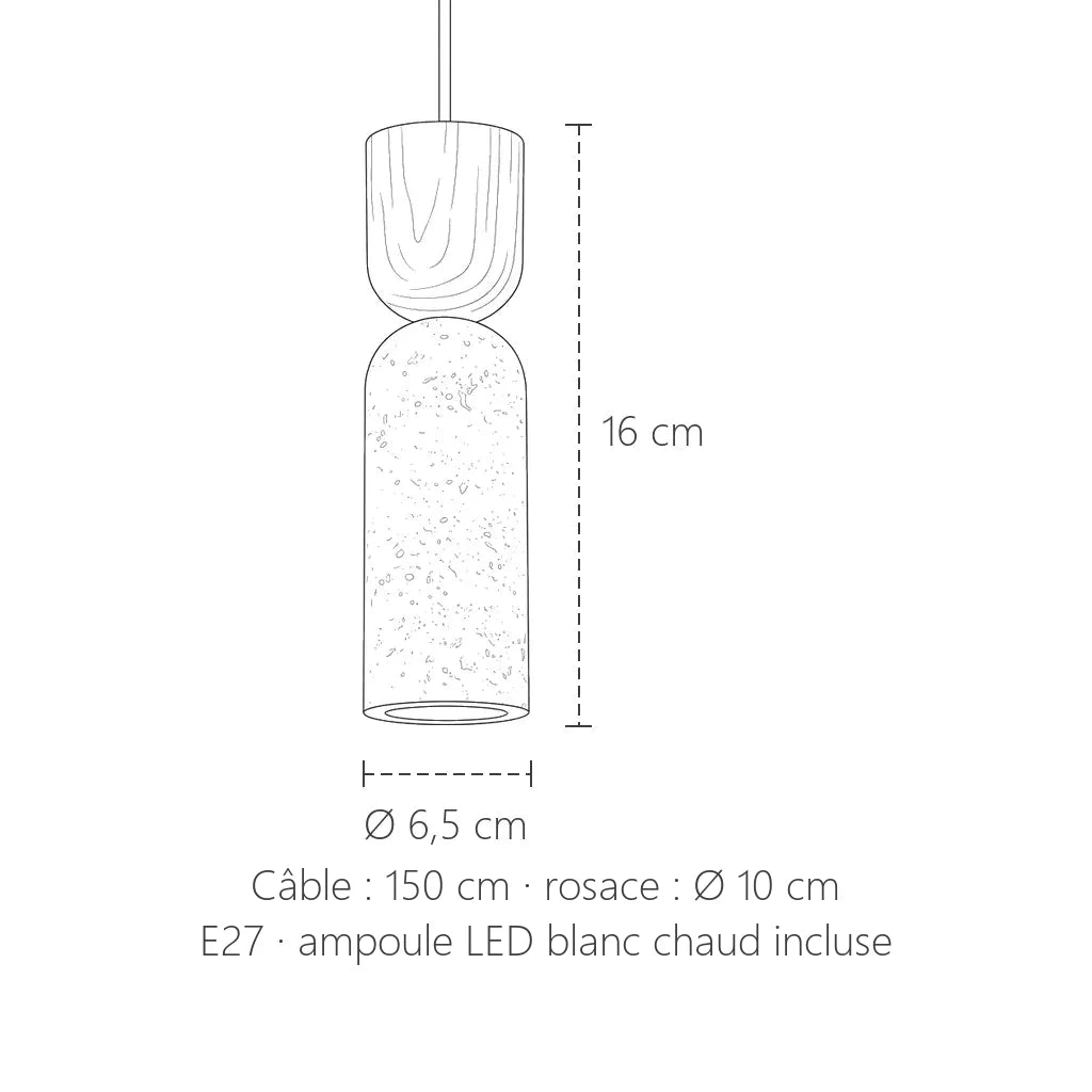 Dimensions de la mini suspension en travertin et bois : Ø 6,5 cm, 16 cm de haut