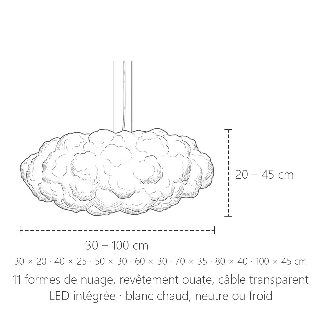Dimensions de la suspension nuage en ouate : 30 à 100 cm de long, 20 à 45 cm de haut
