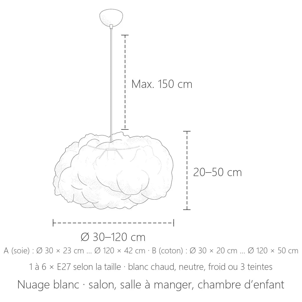 Dimensions de la suspension nuage soie ou coton : Ø 30 à 120 cm, hauteur 20 à 50 cm