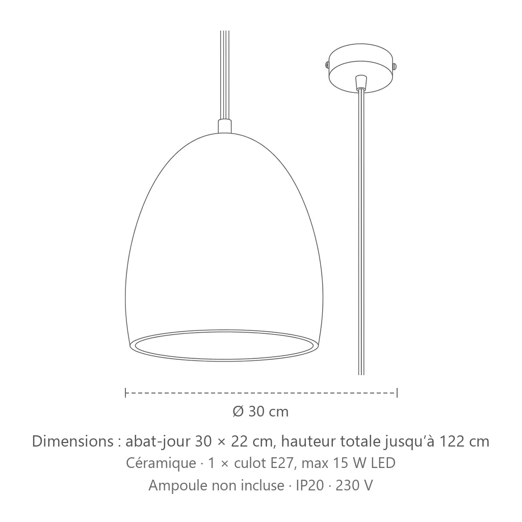Dimensions : suspension ogive en céramique blanche, abat-jour 30 × 22 cm, hauteur totale jusqu’à 122 cm