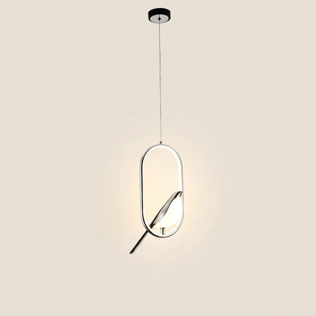 Suspension oiseau LED sur anneau ovale argenté, modèle A