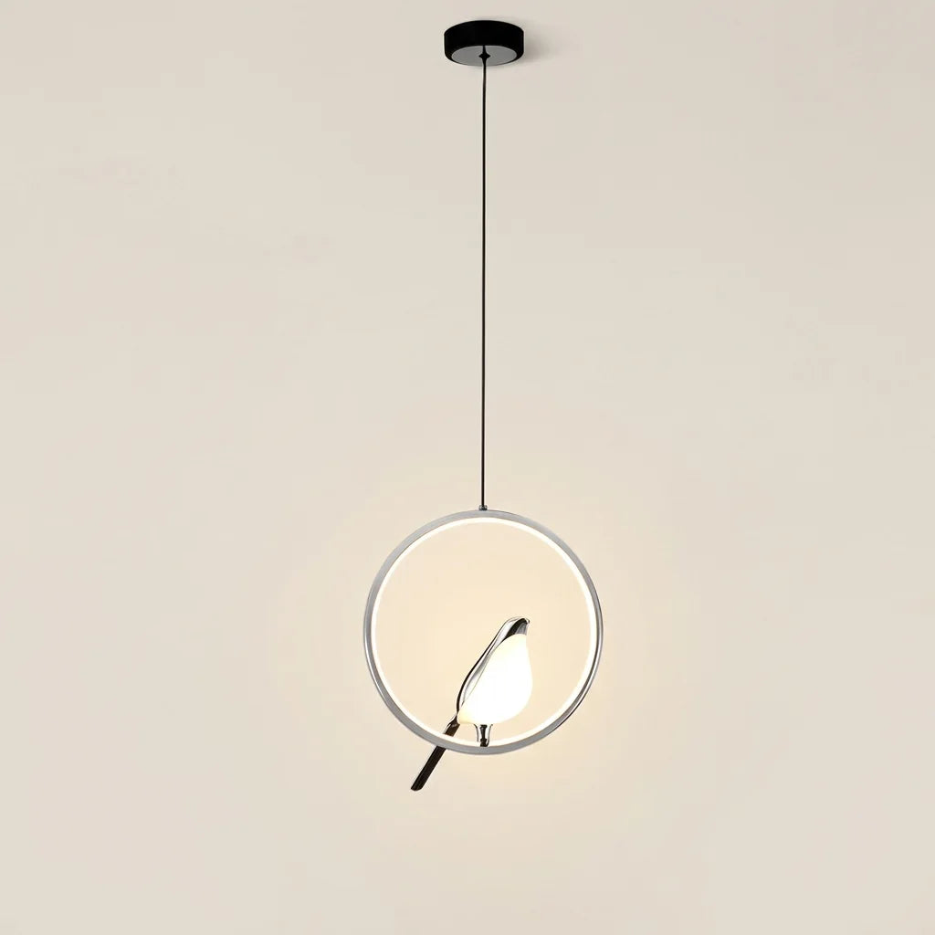 Suspension oiseau LED sur anneau rond argenté, modèle B