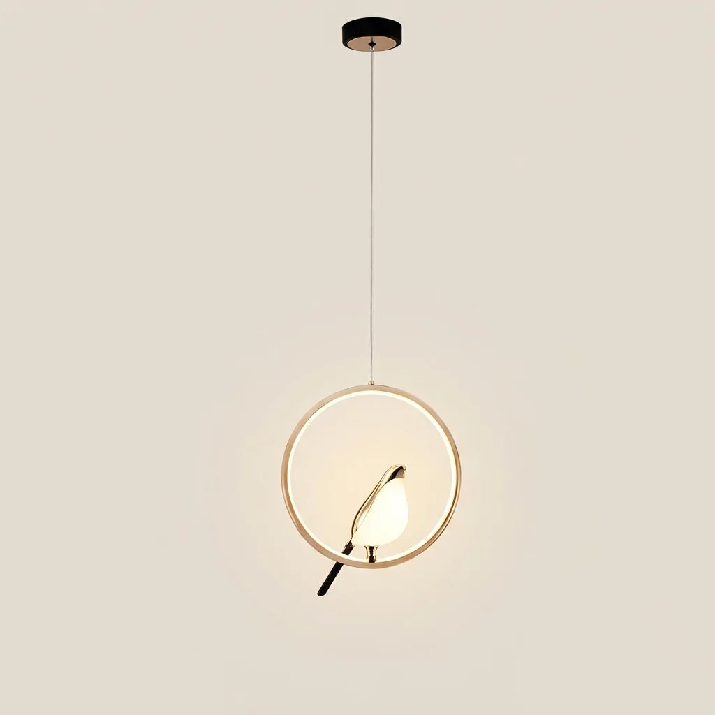 Suspension oiseau LED sur anneau rond doré, modèle B