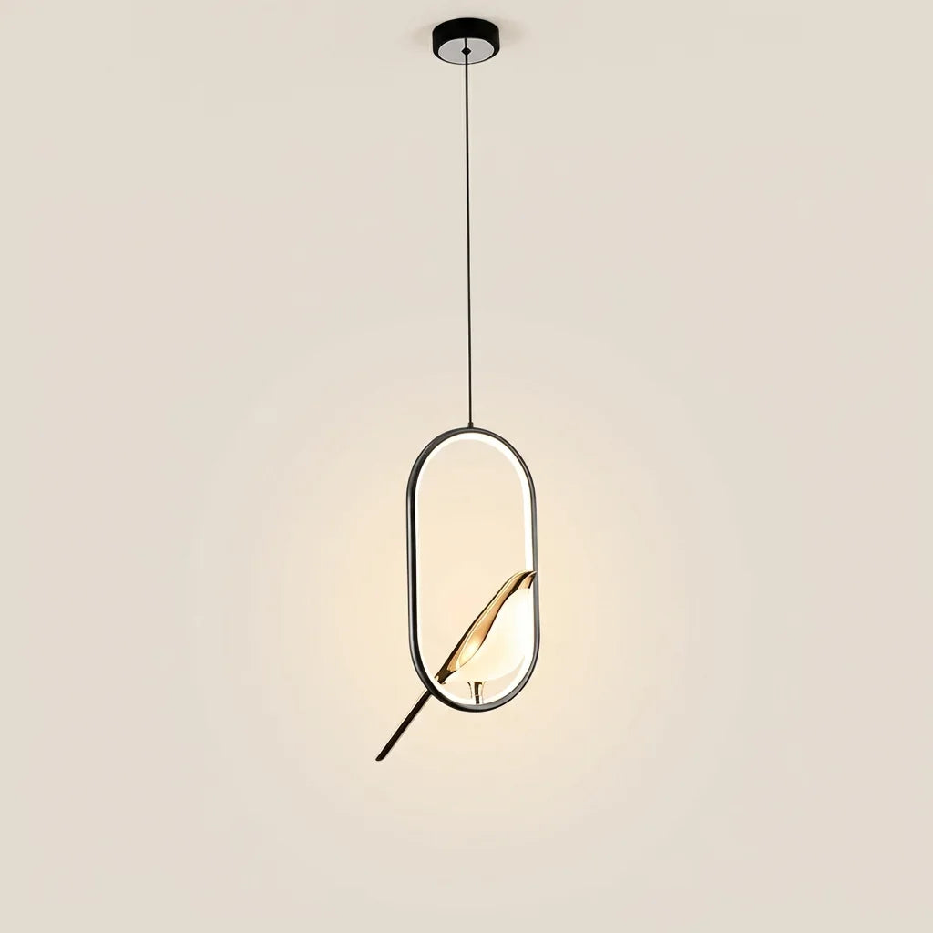 Suspension anneau ovale noir et oiseau doré, modèle A