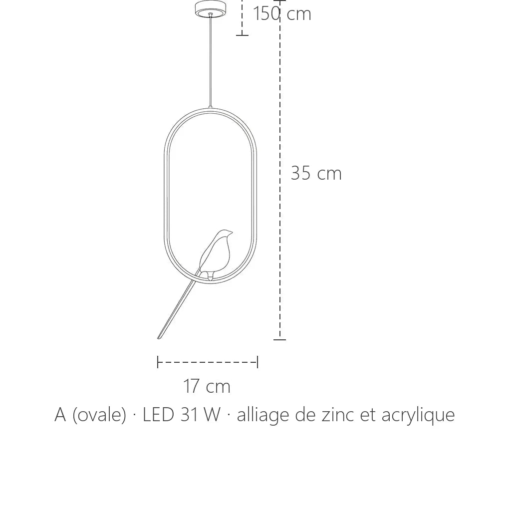 Dimensions de la suspension oiseau ovale : 17 × 35 cm, câble 150 cm