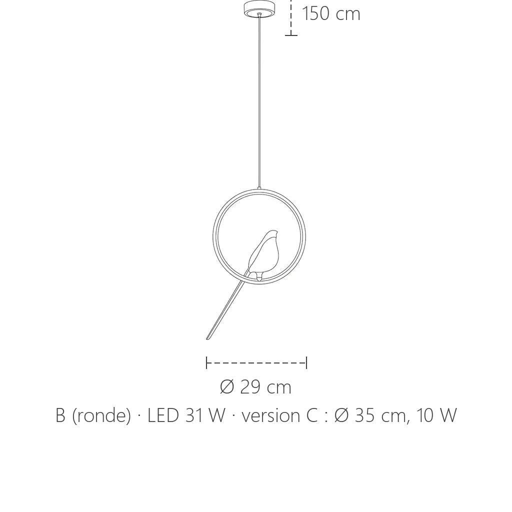 Dimensions de la suspension oiseau ronde : Ø 29 cm, câble 150 cm