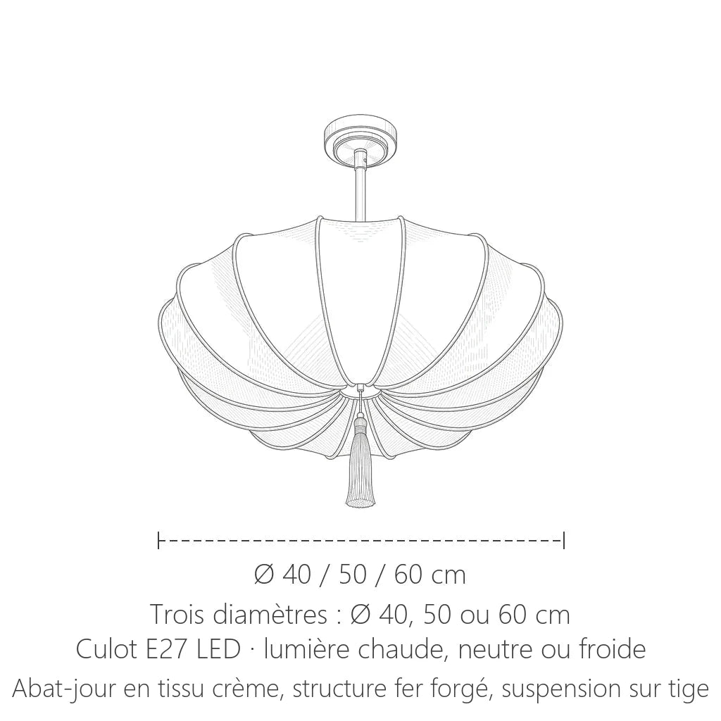 Dimensions de la suspension ombrelle en tissu crème : Ø 40, 50 ou 60 cm