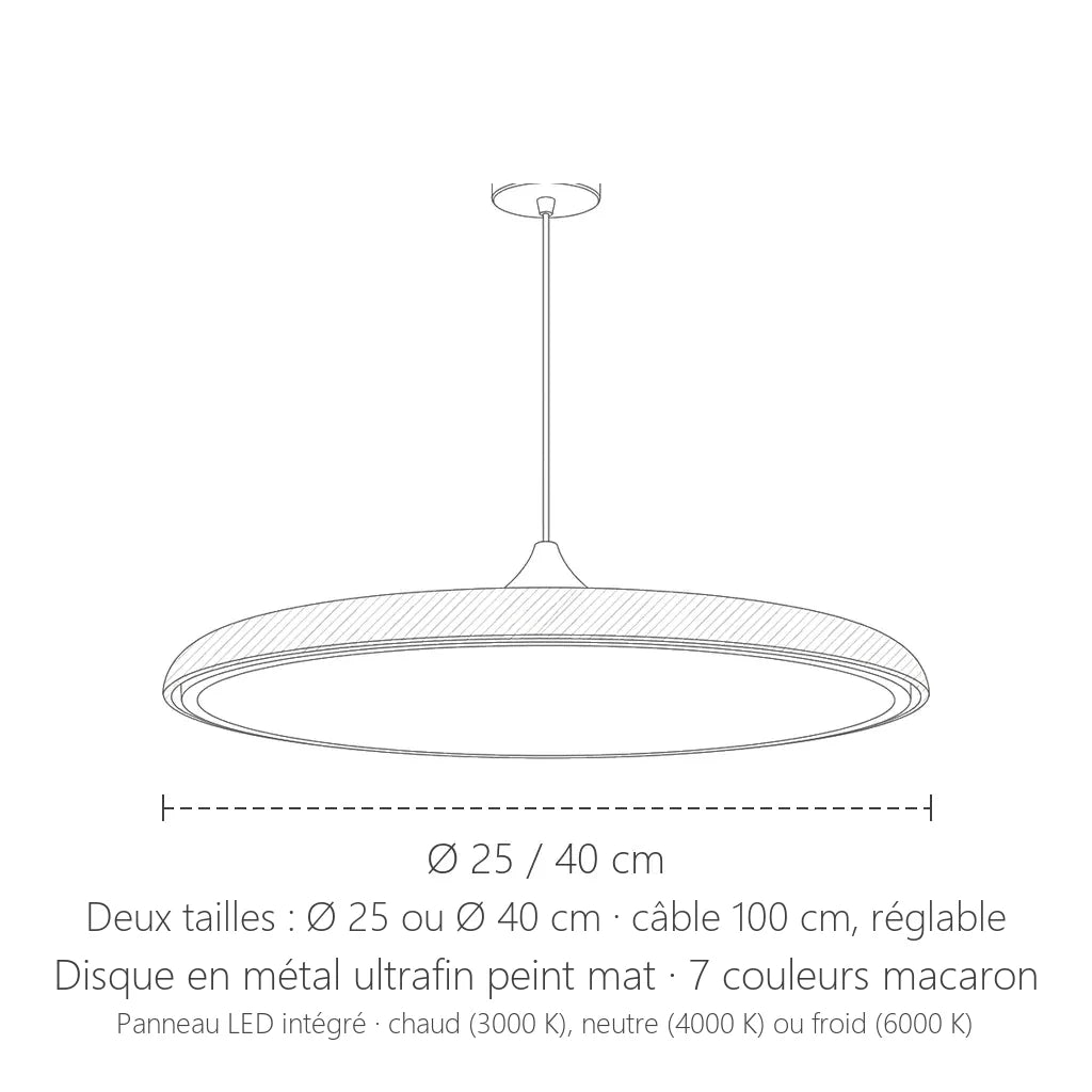 Dimensions de la suspension disque ovni : Ø 25 ou 40 cm