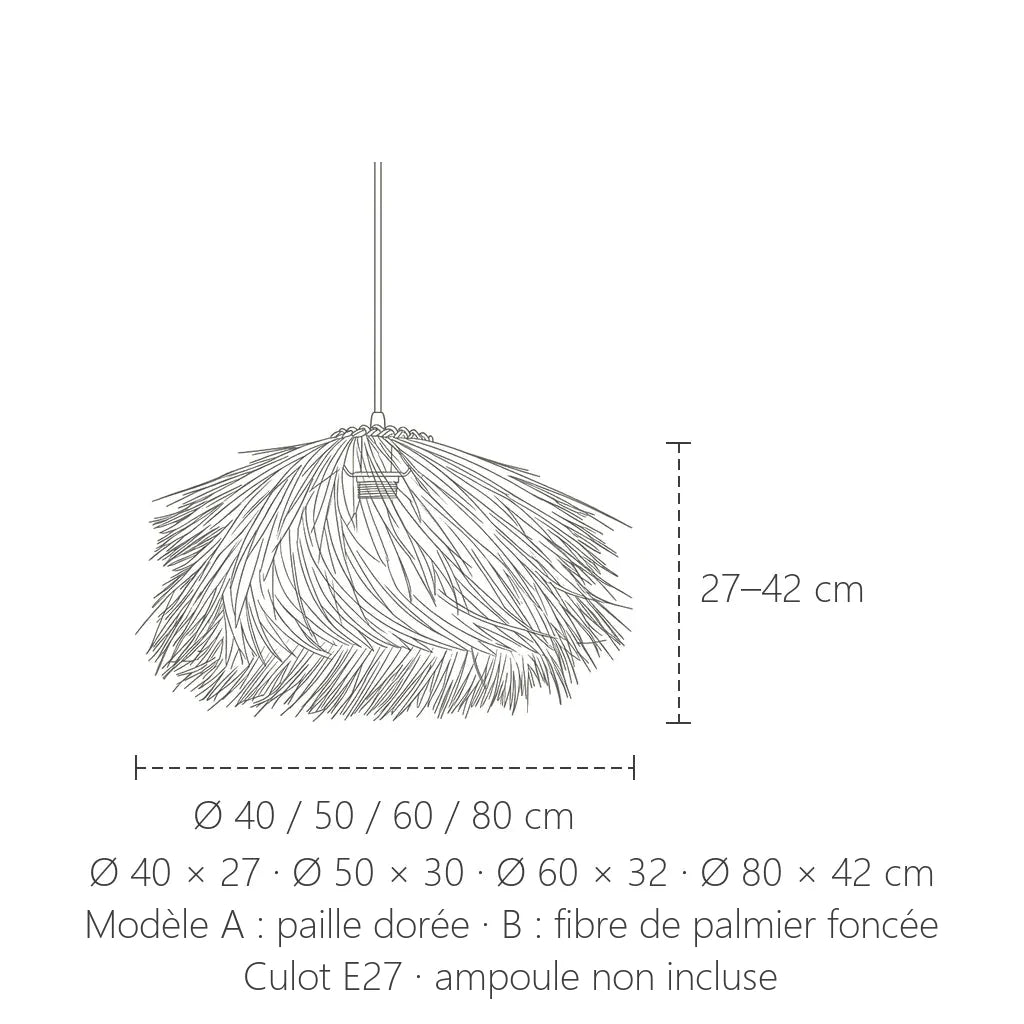 Dimensions de la suspension en paille : Ø 40 à 80 cm, 27 à 42 cm de haut