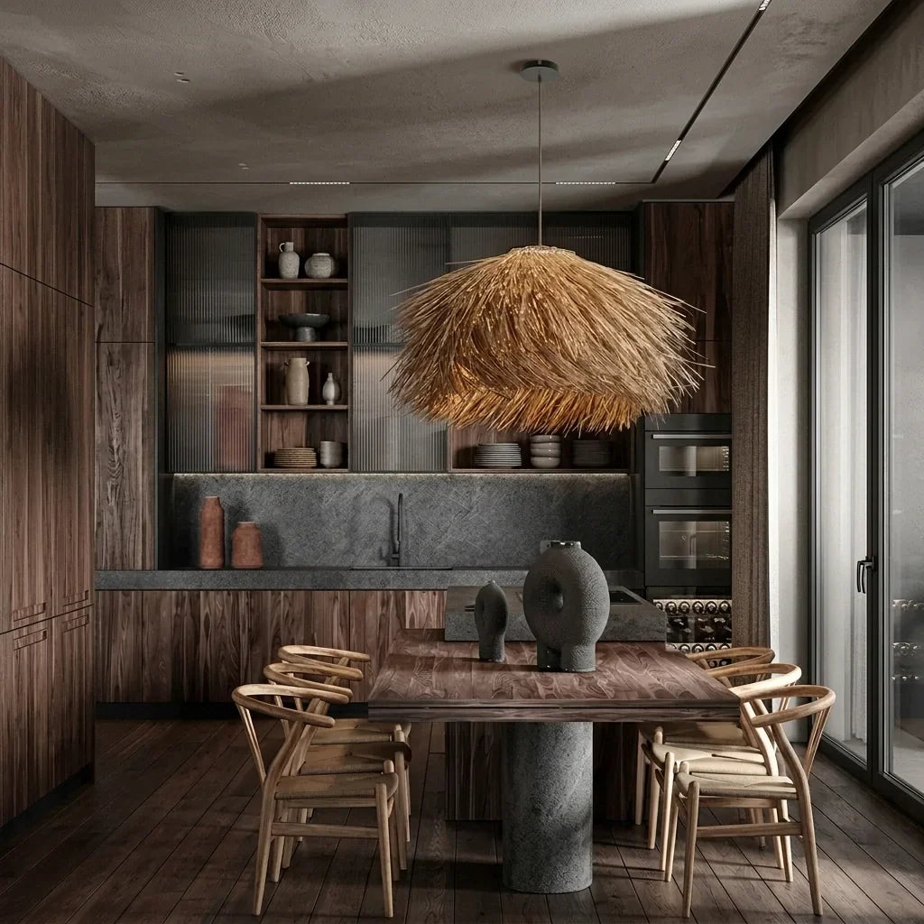 Suspension en paille au-dessus d’une table en bois sombre