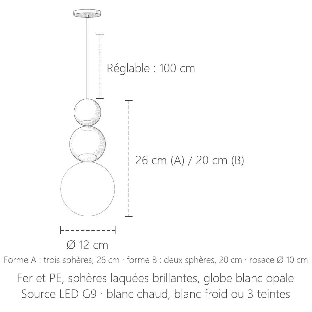 Dimensions de la suspension à perles laquées : globe Ø 12 cm, 26 ou 20 cm