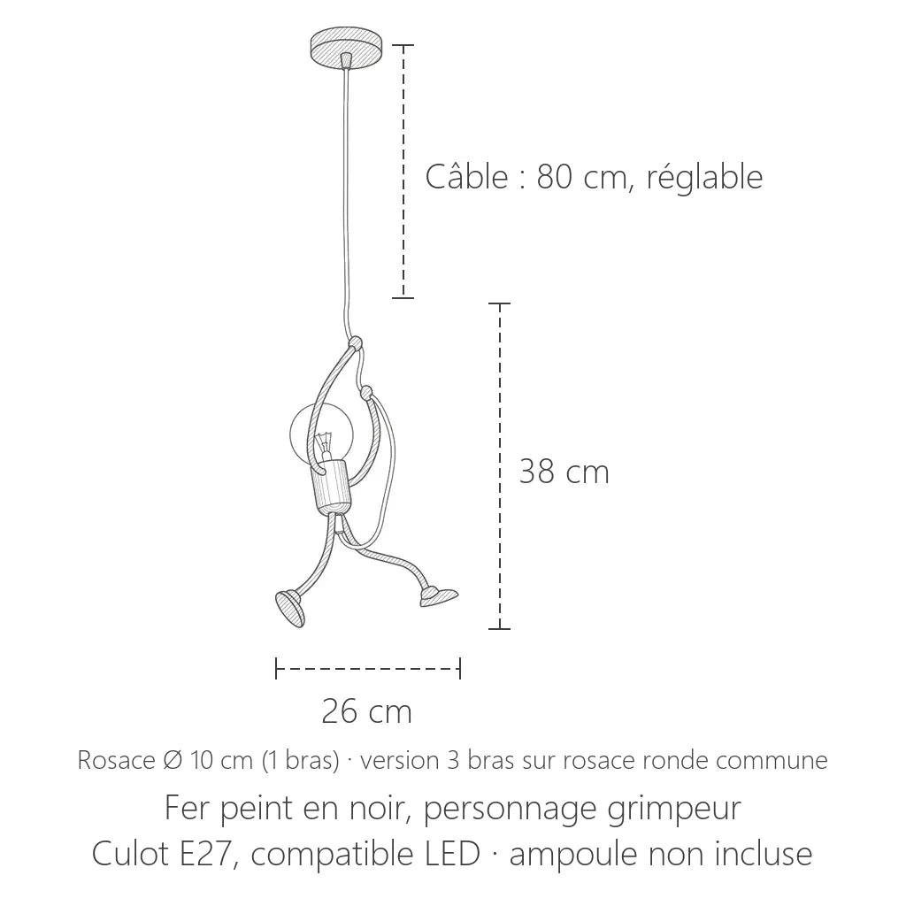 Dimensions de la suspension personnage grimpeur : 26 × 38 cm