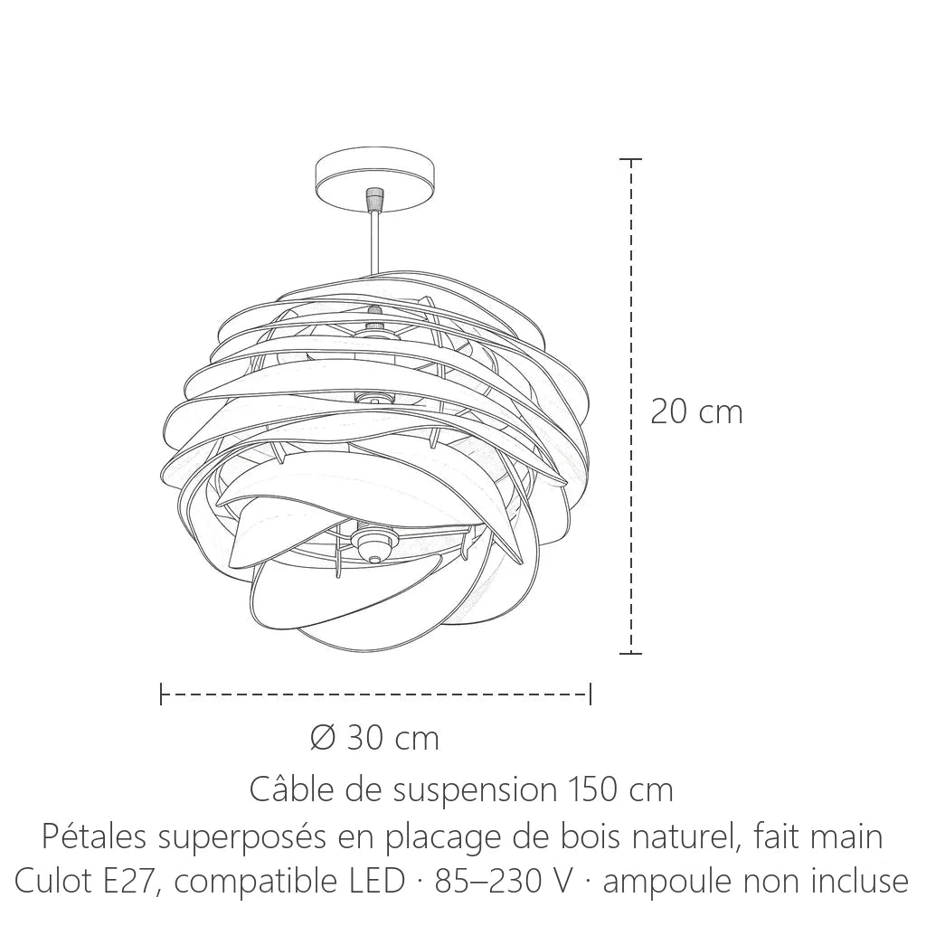 Dimensions de la suspension à pétales en bois : Ø 30 cm, 20 cm de haut