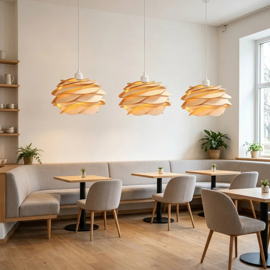 Trois suspensions à pétales de bois dans un café scandinave