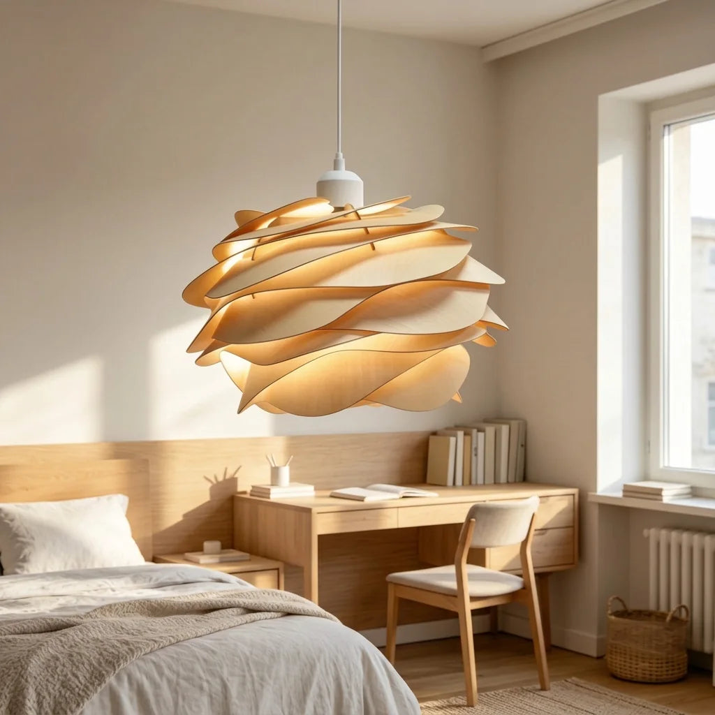 Suspension à pétales de bois dans une chambre ensoleillée